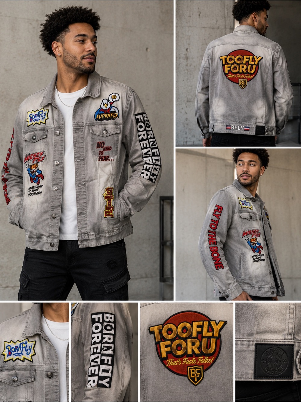 Born Fly Forever Men’s Large Gray Embroidered Patch Denim Jacket Streetwear